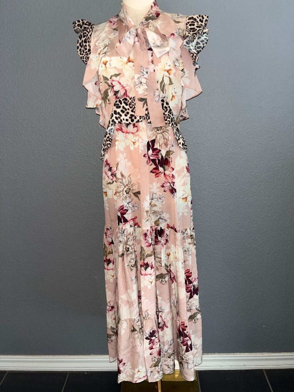 KACHEL BY ANTHROPOLOGY SEDONA SUNRISE LEOPARD & FLORAL SILK TIERED MAXI DRESS  4